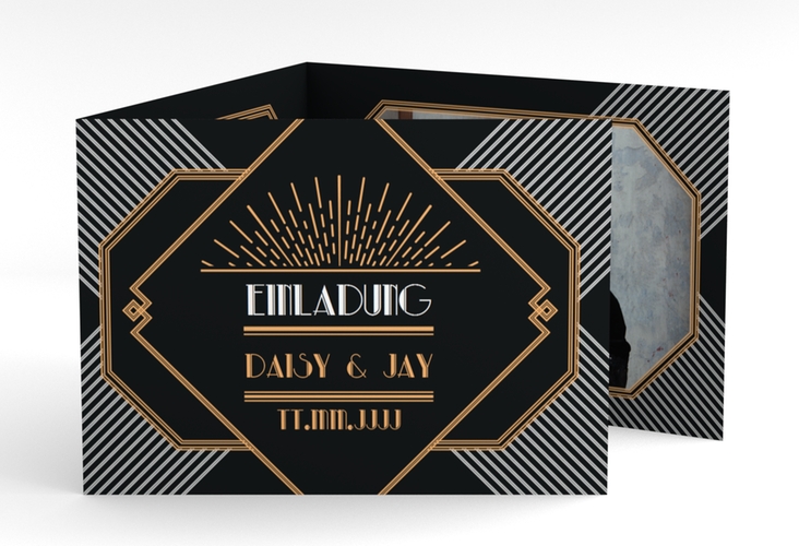 Hochzeitseinladung Gatsby A6 Doppel-Klappkarte schwarz