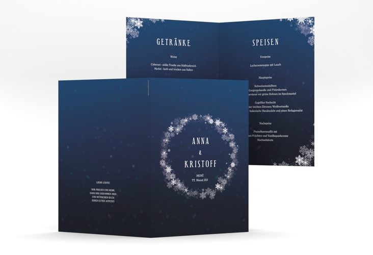 Menükarte Hochzeit Winterdream A5 Klappkarte hoch blau mit Eisblumen