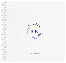 Trautagebuch Hochzeit Filigrana Trautagebuch Hochzeit blau in reduziertem Design mit Initialen und zartem Blätterkranz