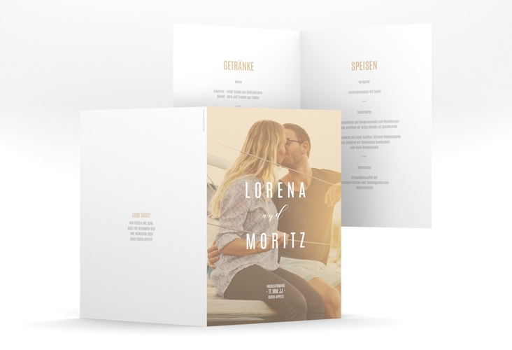 Menükarte Hochzeit Memory A5 Klappkarte hoch beige hochglanz