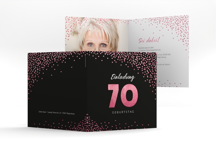 Einladung 70. Geburtstag Glitzer quadr. Klappkarte pink