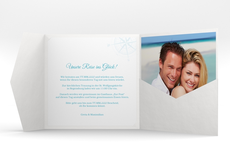 Hochzeitseinladung Windrose Pocketfold tuerkis