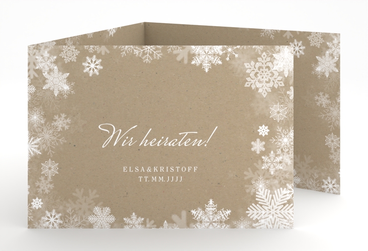 Hochzeitseinladung Snowfall A6 Doppel-Klappkarte Kraftpapier mit Schneeflocken für Winterhochzeit