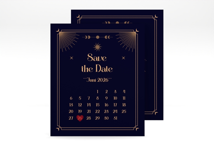 Save the Date-Kalenderblatt Astro Kalenderblatt-Karte mit Sonne, Mondphasen und Sternen