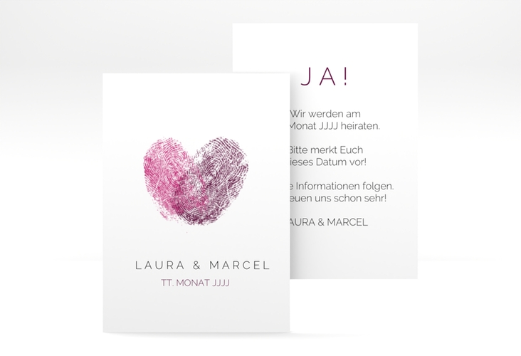 Save the Date-Visitenkarte Fingerprint Visitenkarte hoch pink hochglanz schlicht mit Fingerabdruck-Motiv