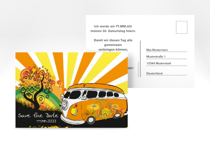 Save the Date-Postkarte Geburtstag Heiko/Heike A6 Postkarte im Retro-Design mit Hippie-Bus