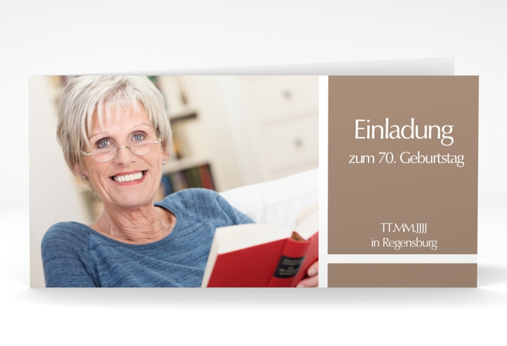 Einladung 70. Geburtstag Gerd/Gerda lange Klappkarte quer braun mit Foto