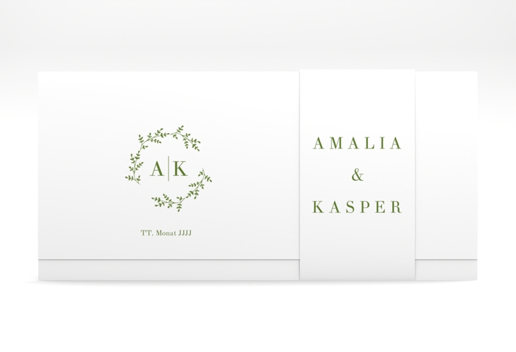 Hochzeitseinladung Filigrana Wickelfalzkarte + Banderole gruen hochglanz in reduziertem Design mit Initialen und zartem Blätterkranz