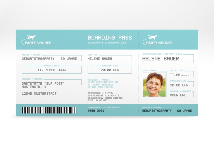 Einladung 60. Geburtstag Boardingpass lange Karte quer hochglanz