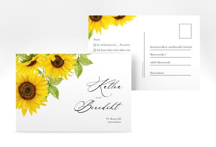 Antwortkarte Hochzeit Sonnenblume A6 Postkarte weiss