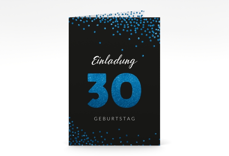 Einladung 30. Geburtstag Glitzer A6 Klappkarte hoch blau
