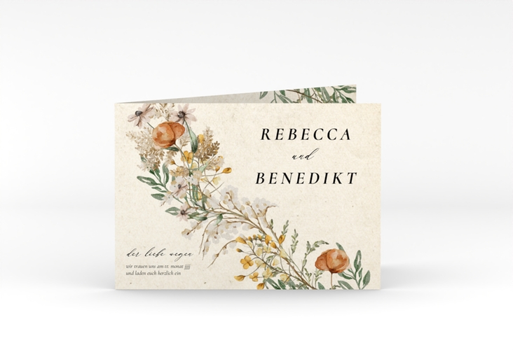Hochzeitseinladung Wildfang A6 Klappkarte quer beige hochglanz mit getrockneten Wiesenblumen