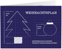 Klick: Details zu Geschäftliche Weihnachtskarte "Blaupause" anzeigen Geschäftliche Weihnachtskarte Blaupause A6 Klappkarte quer blau mit technischer Zeichnung von Weihnachtsbaum und Baumkugel