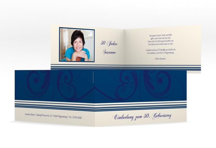 Einladung 50. Geburtstag Katharina lange Klappkarte quer blau