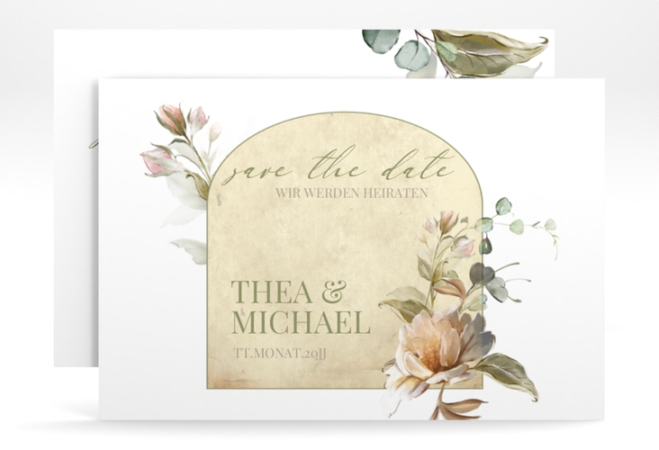 Save the Date-Karte Dornröschen A6 Karte quer weiss mit Aquarell-Rosen im Vintage-Look