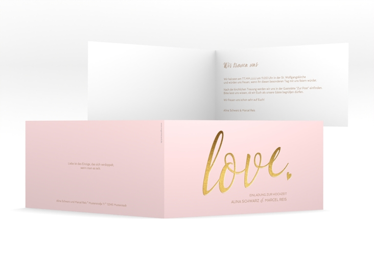 Hochzeitseinladung Glam lange Klappkarte quer rosa hochglanz