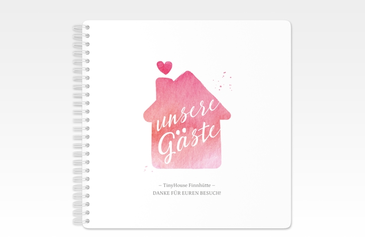 Gästebuch Ferienwohnung Tiny House Ringbindung rot mit Aquarell-Häuschen