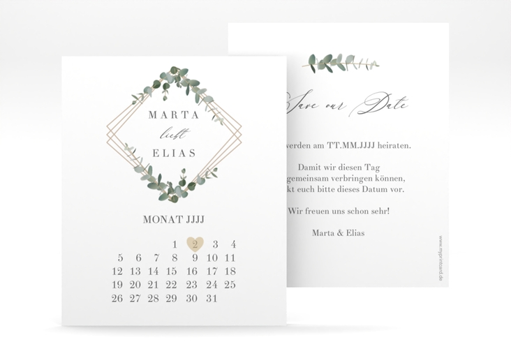 Save the Date-Kalenderblatt Eukalyptus Kalenderblatt-Karte weiss hochglanz