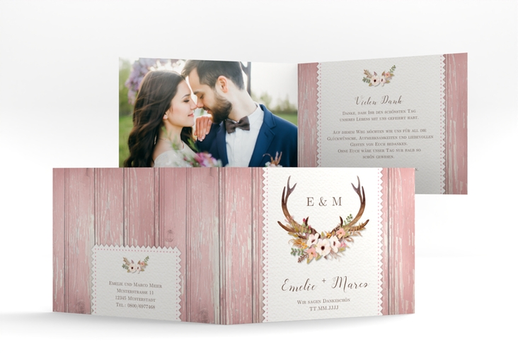 Danksagungskarte Hochzeit Heimatjuwel A6 Klappkarte quer rosa mit Hirschgeweih und Holz-Hintergrund