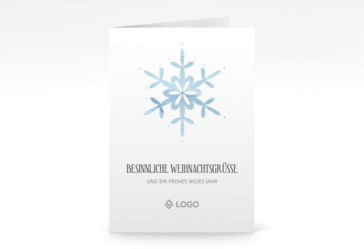 Geschäftliche Weihnachtskarte "Winterhauch" DIN A6 Klappkarte mit Eiskristall und Firmenlogo