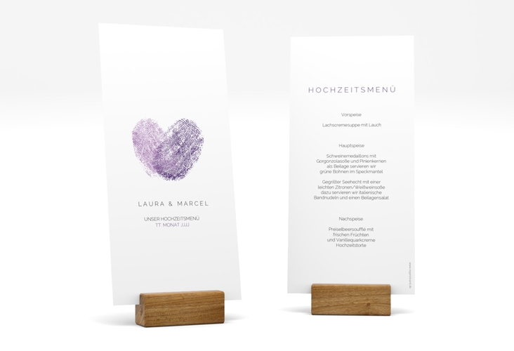 Menükarte Hochzeit Fingerprint lange Karte hoch lila schlicht mit Fingerabdruck-Motiv
