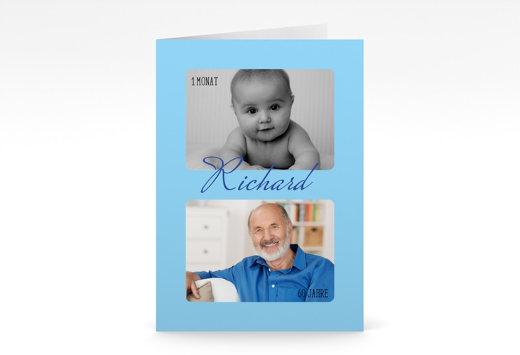 Einladung 60. Geburtstag Zeitlos A6 Klappkarte hoch blau mit Damals- und Heute-Fotos
