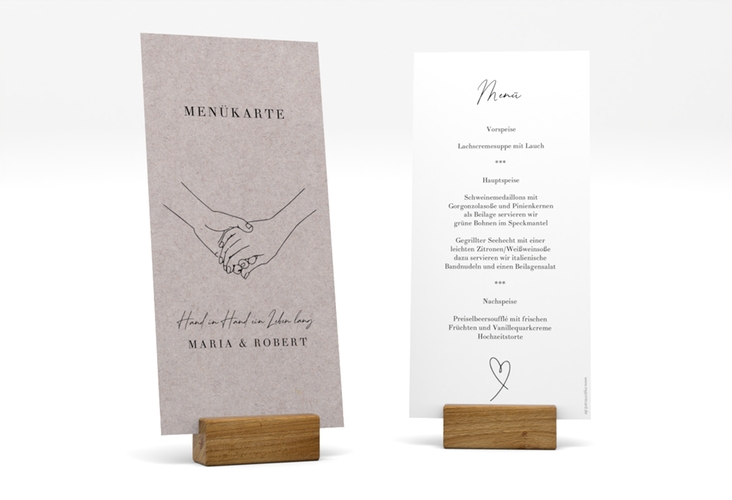 Menükarte Hochzeit Hands lange Karte hoch Kraftpapier mit sich haltenden Händen im Monoline-Stil