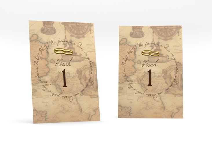 Tischnummer Hochzeit Zwei Ringe Tischaufsteller beige mit Eheringen und Fantasy-Landkarte