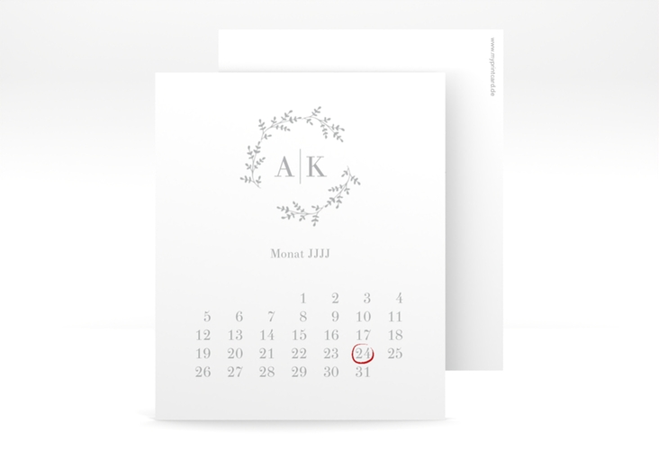 Save the Date-Kalenderblatt Filigrana Kalenderblatt-Karte grau in reduziertem Design mit Initialen und zartem Blätterkranz