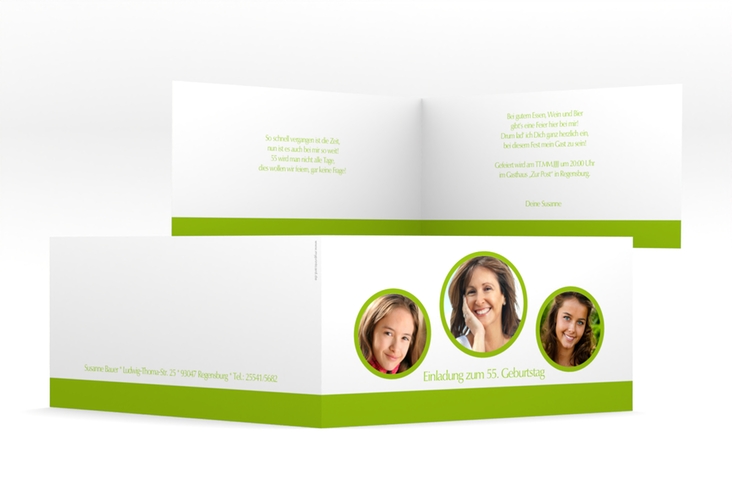Einladung Geburtstag Anton/Antonia lange Klappkarte quer gruen schlicht mit Foto