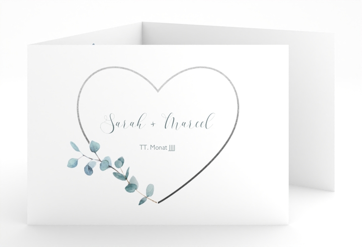 Hochzeitseinladung Greenheart A6 Doppel-Klappkarte hochglanz mit elegantem Herz und Eukalyptus-Zweig