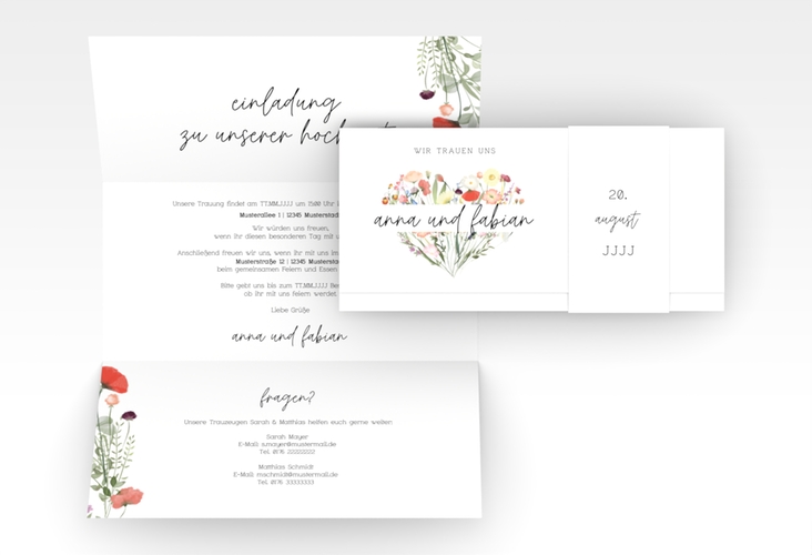 Hochzeitseinladung Wildblumenherz Wickelfalzkarte + Banderole bunt hochglanz