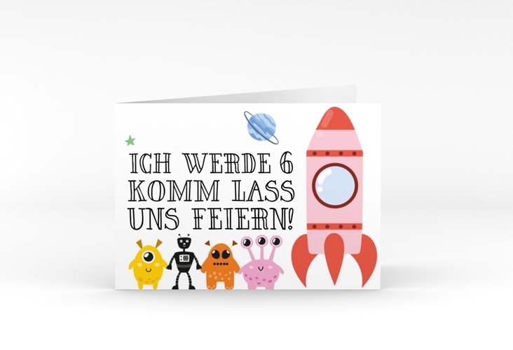Einladungskarte Kindergeburtstag Zahlien A6 Klappkarte quer hochglanz mit außerirdischen Monstern und Rakete