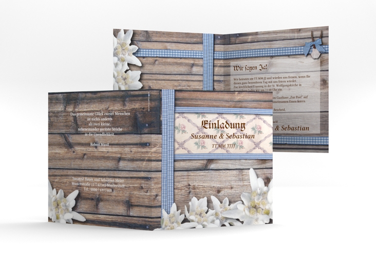 Einladungskarte Hochzeit Bayern quadr. Klappkarte hochglanz mit Edelweiß in rustikaler Holz-Optik