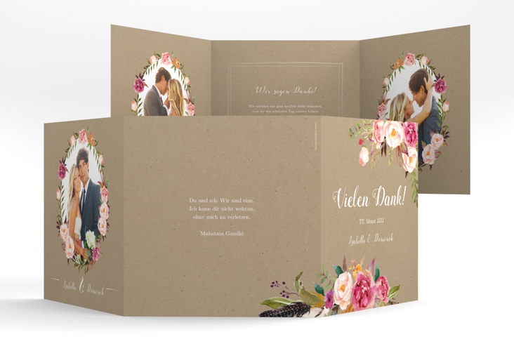 Dankeskarte Hochzeit Flowers quadr. Doppel-Klappkarte Kraftpapier hochglanz mit bunten Aquarell-Blumen