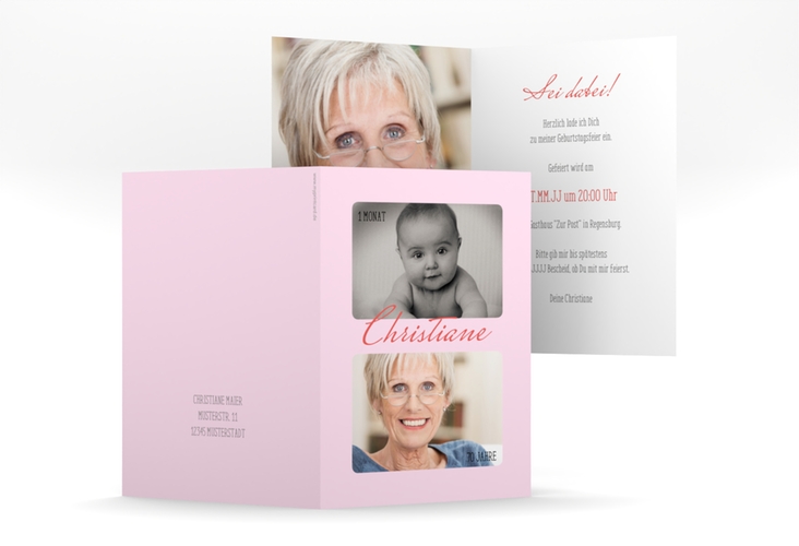 Einladung 70. Geburtstag Zeitlos A6 Klappkarte hoch rosa mit Damals- und Heute-Fotos