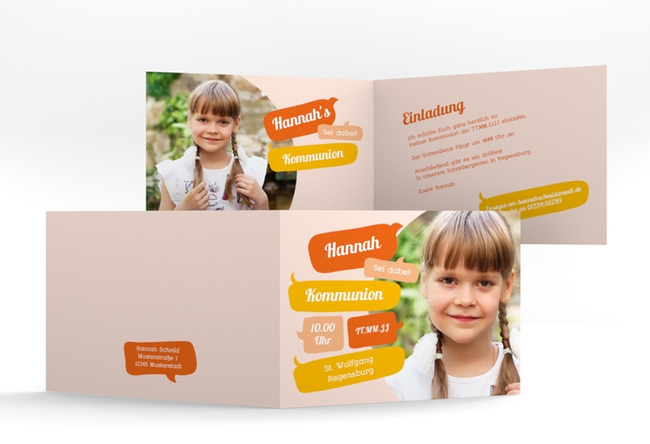 Einladung Kommunion Speak A6 Klappkarte quer orange