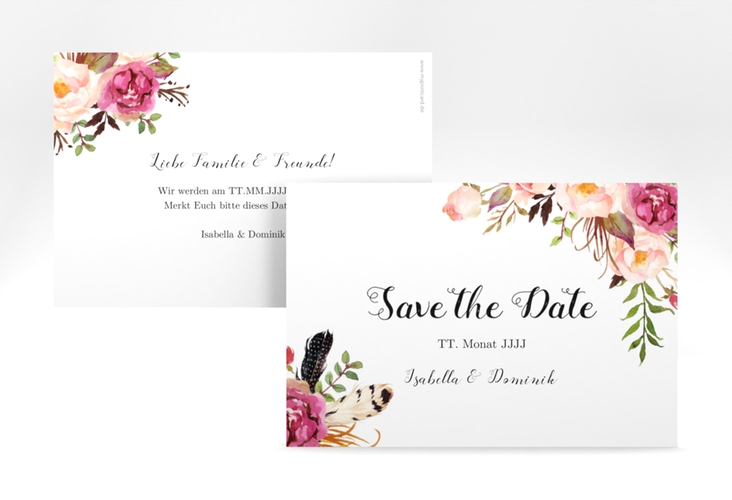 Save the Date-Karte Flowers A6 Karte quer weiss mit bunten Aquarell-Blumen
