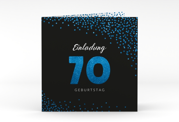 Einladung 70. Geburtstag Glitzer quadr. Klappkarte blau