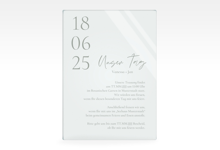 Acryl-Hochzeitseinladung Day Acrylkarte hoch gruen hochglanz mit Datum im minimalistischen Design