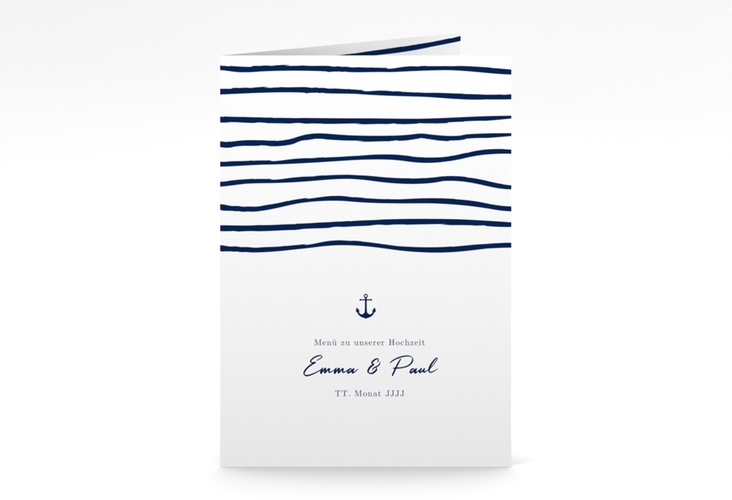 Menükarte Hochzeit Liebesanker A5 Klappkarte hoch blau mit maritimem Streifenmuster und kleinem Anker