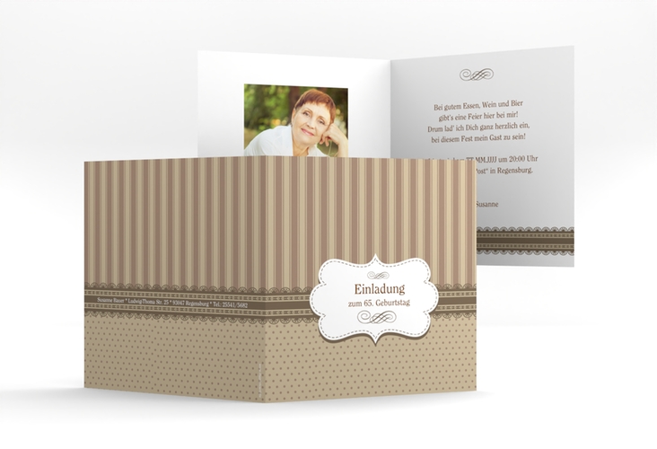 Einladung Geburtstag Heinrich/Henriette quadr. Klappkarte braun mit frechen Polka Dots