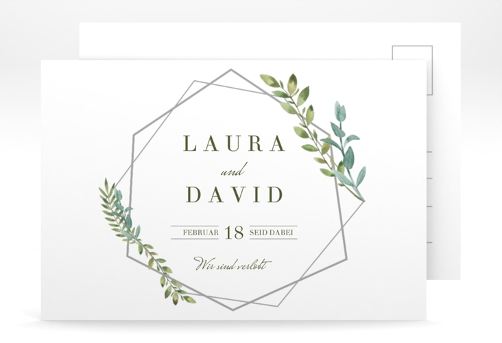 Verlobungskarte Hochzeit Herbarium A6 Postkarte grau mit geometrischem Rahmen und Blätter-Dekor