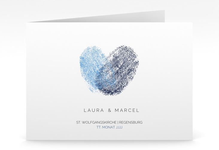 Hochzeitseinladung Fingerprint mittlere Klappkarte quer blau schlicht mit Fingerabdruck-Motiv