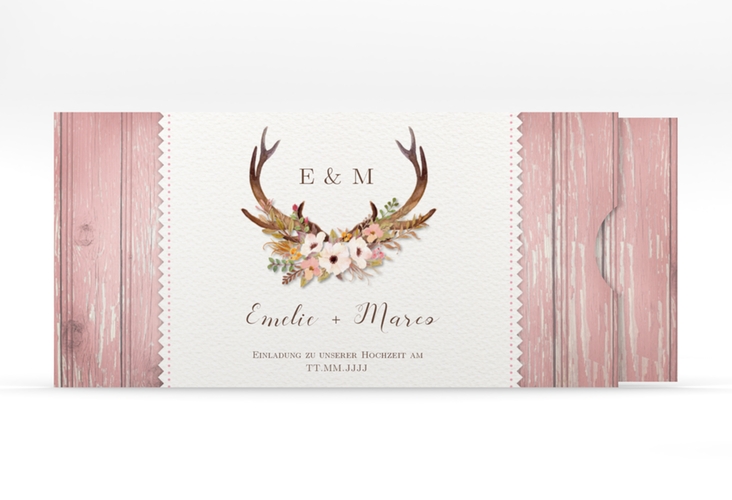 Hochzeitseinladung Heimatjuwel Einsteckkarte rosa hochglanz mit Hirschgeweih und Holz-Hintergrund