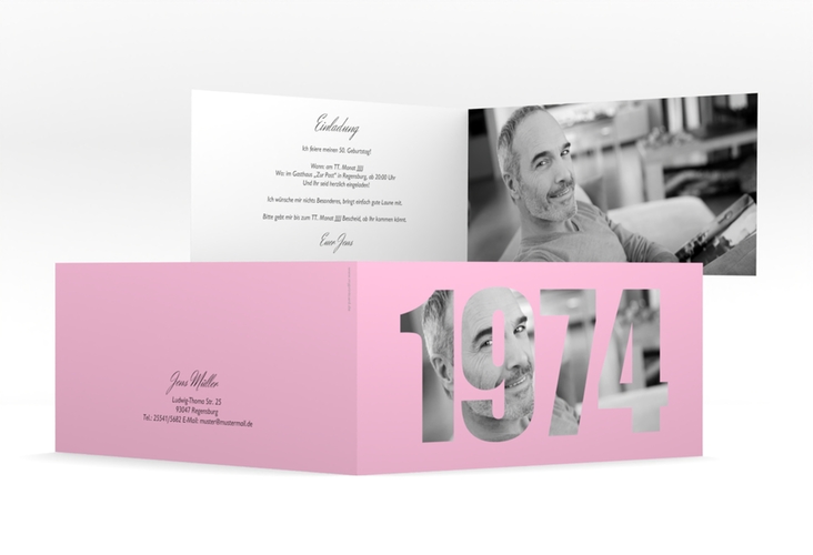 Einladungskarte Jahreszahl 2024 lange Klappkarte quer rosa