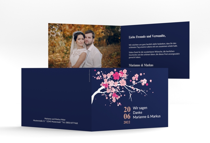 Danksagungskarte Hochzeit Sakura A6 Klappkarte quer blau hochglanz