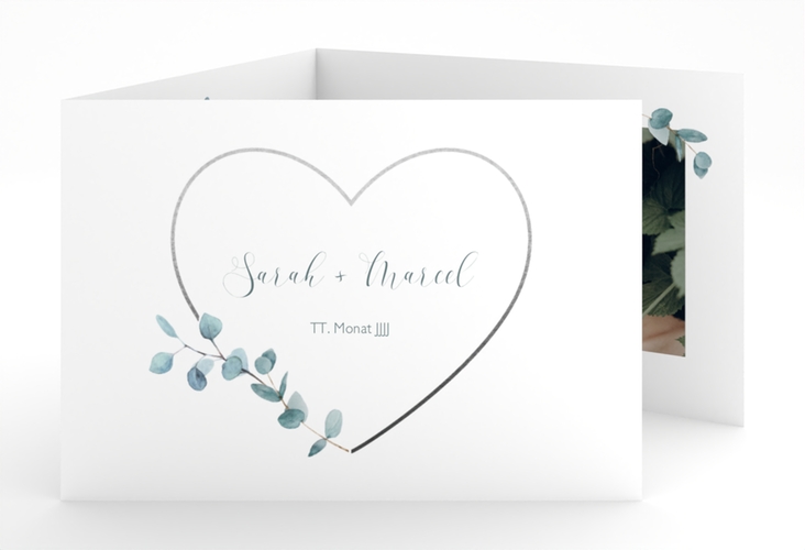 Hochzeitseinladung Greenheart A6 Doppel-Klappkarte grau mit elegantem Herz und Eukalyptus-Zweig