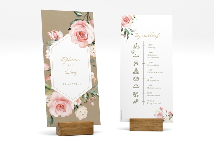 Tagesablauf Hochzeit Graceful lange Karte hoch mit Rosenblüten in Rosa und Weiß