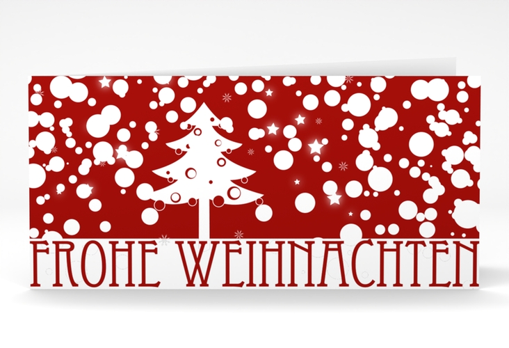 Business-Weihnachtskarte Schneeweiss lange Klappkarte quer rot hochglanz mit Art Déco Schriftzug und Winterlandschaft